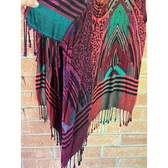 Anu Bohemian Sleeveless Open Front Vest Art-to-Wear Fringe Hem Vibrant Print - Picture 9 of 9
